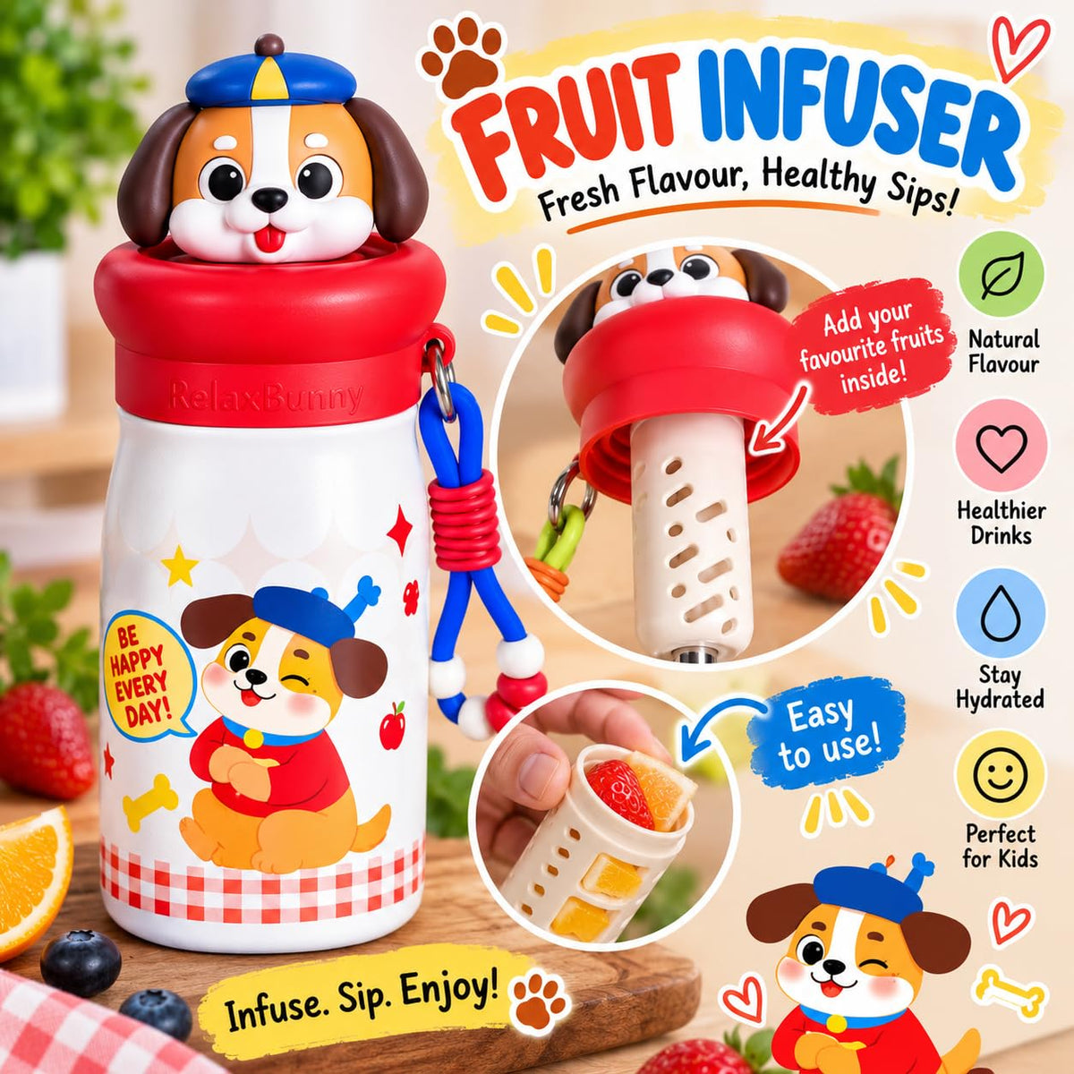 Dog Theme Animal Sipper Bottle  Stainless Steel Sipper Water Bottle with Straw  480 ml Leak proof Animal Sipper Bottle