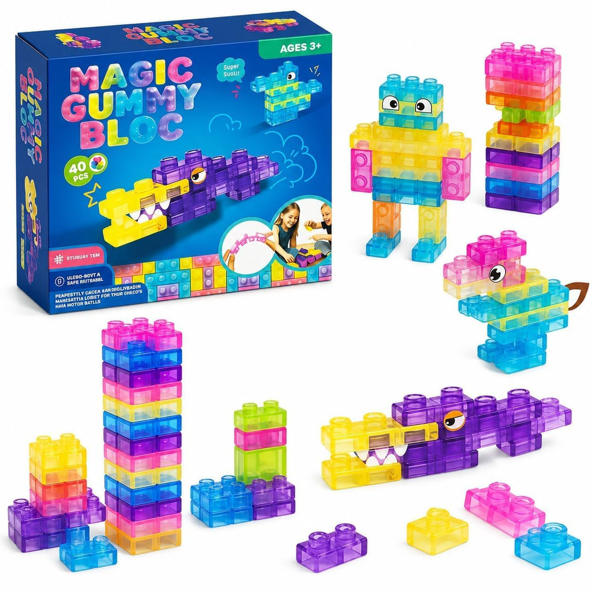 Sensory Soft Magic Gummy Building Blocks Squishy Stacking Toy Set 40 PCS- Age 3+ Squeezable Stretchable Montessori Learning Creative Play Puzzle Blocks for Toddlers & Kids