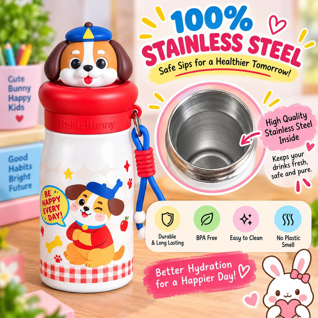 Dog Theme Animal Sipper Bottle  Stainless Steel Sipper Water Bottle with Straw  480 ml Leak proof Animal Sipper Bottle