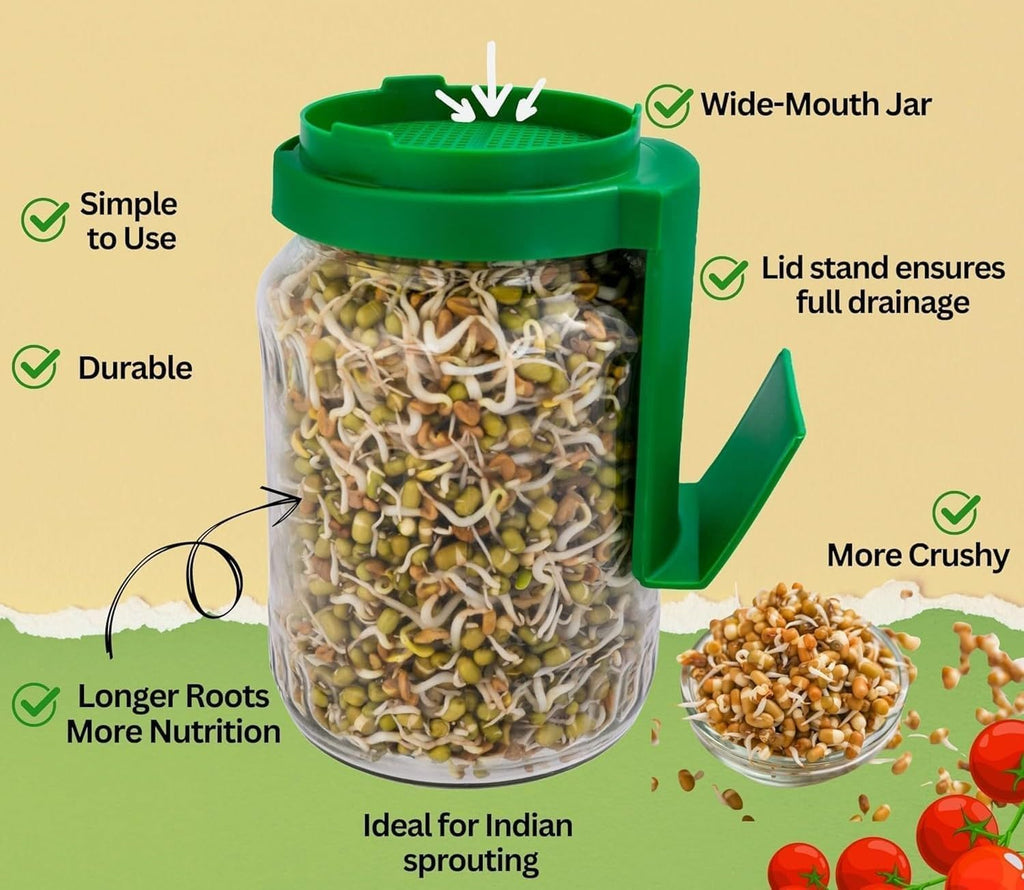 Sprouts Maker Jar – 720ml Durable & Reusable Sprouter for All Seeds and Beans, BPA-Free with 300-Hole Mesh Lid for Airflow, Odor-Free, Easy Drainage, and Hygienic Design (MULTI)