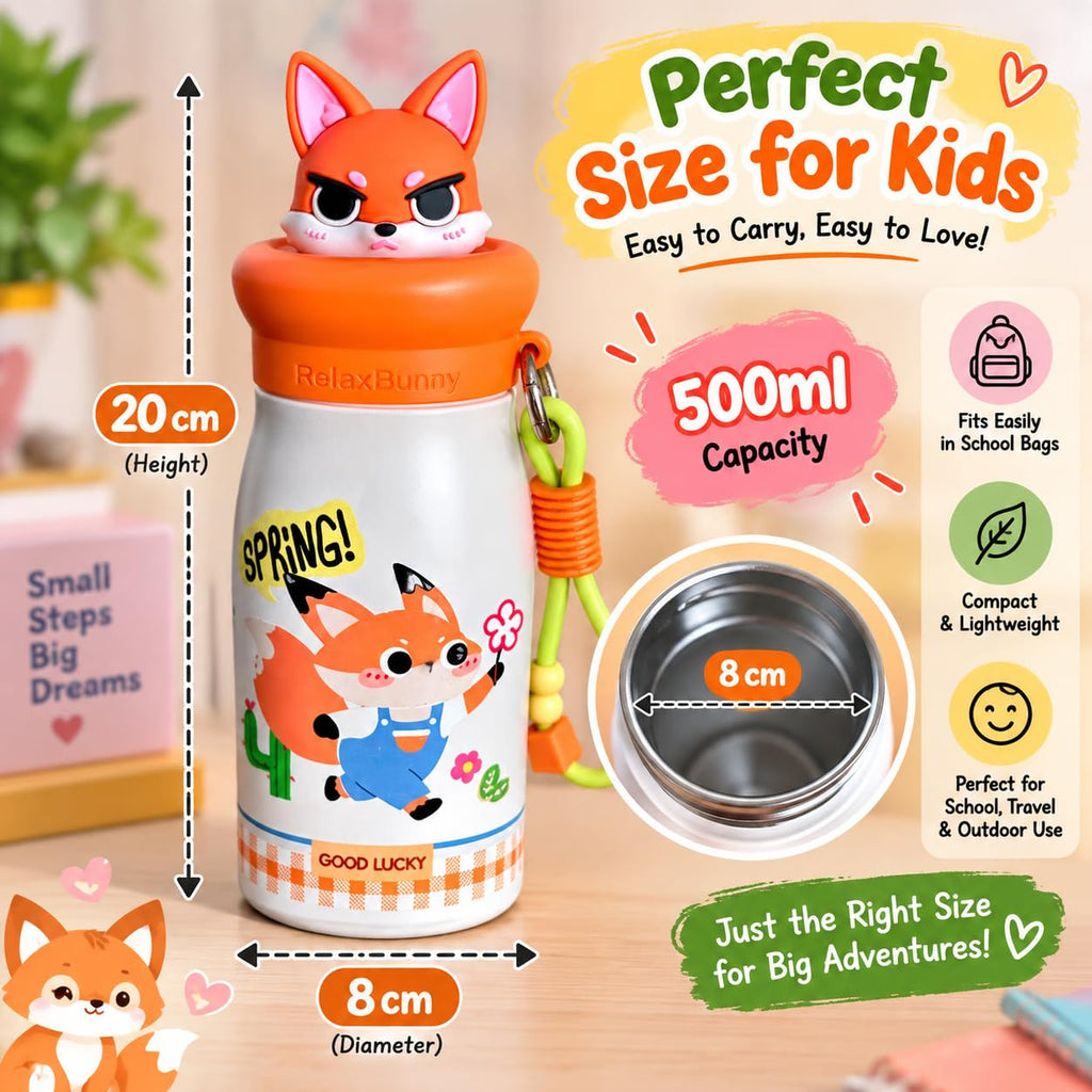 Fox Theme Animal Sipper Bottle  Stainless Steel Sipper Water Bottle with Straw  480 ml Leak proof Animal Sipper Bottle