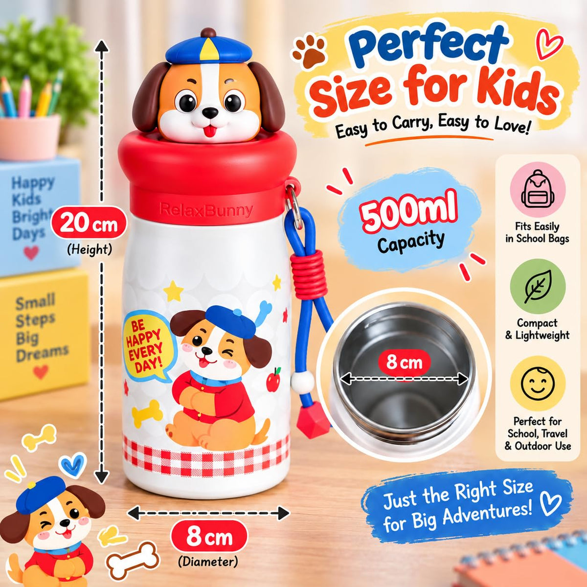 Dog Theme Animal Sipper Bottle  Stainless Steel Sipper Water Bottle with Straw  480 ml Leak proof Animal Sipper Bottle