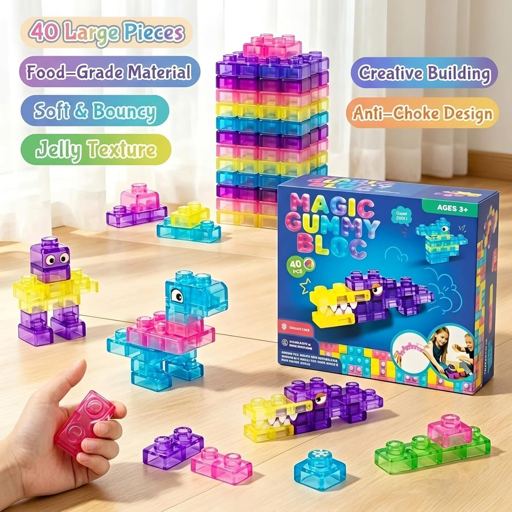Sensory Soft Magic Gummy Building Blocks Squishy Stacking Toy Set 40 PCS- Age 3+ Squeezable Stretchable Montessori Learning Creative Play Puzzle Blocks for Toddlers & Kids