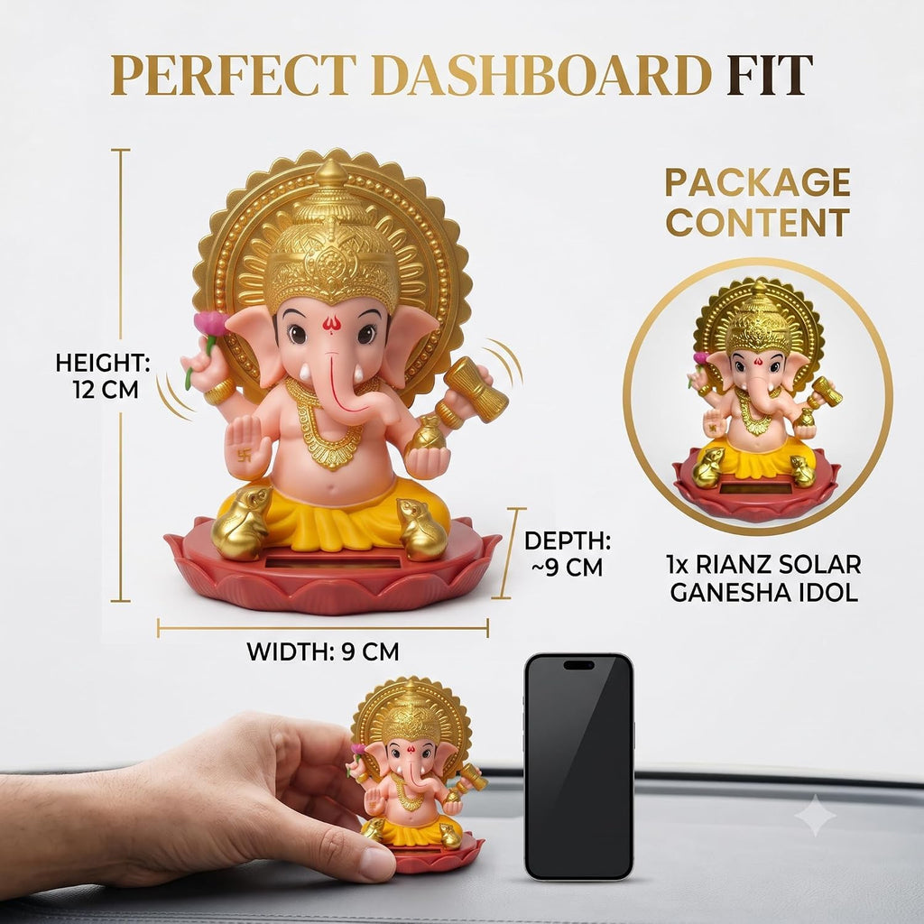 kunya® Moving Hand Solar Powered Ganesha Statue for Car Dashboard Home Decor and Office | Ganpati Bappa | Solar Powered Lord Ganesh ji Moving Hand