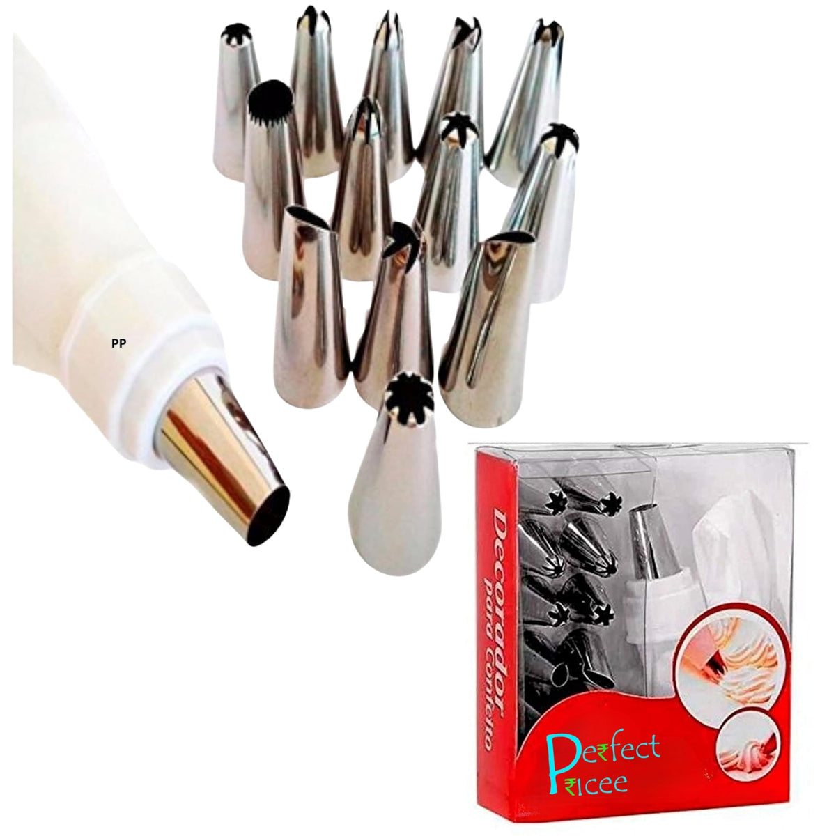 12 Piece Cake Decorating Set Frosting Icing Piping Bag Tips with Steel Nozzles