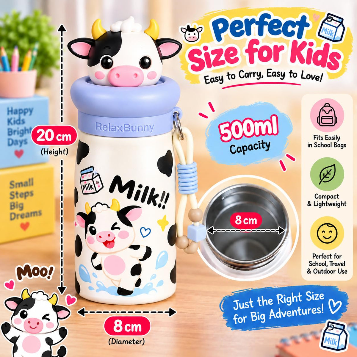 Cow Theme Animal Sipper Bottle  Stainless Steel Sipper Water Bottle with Straw  480 ml Leak proof Animal Sipper Bottle