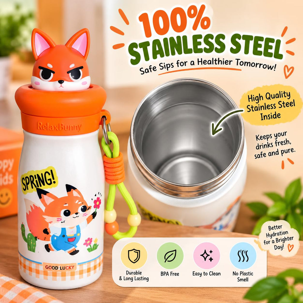 Fox Theme Animal Sipper Bottle  Stainless Steel Sipper Water Bottle with Straw  480 ml Leak proof Animal Sipper Bottle