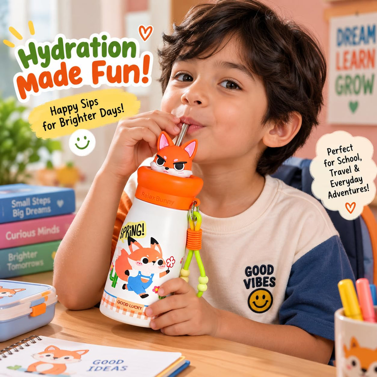 Fox Theme Animal Sipper Bottle  Stainless Steel Sipper Water Bottle with Straw  480 ml Leak proof Animal Sipper Bottle
