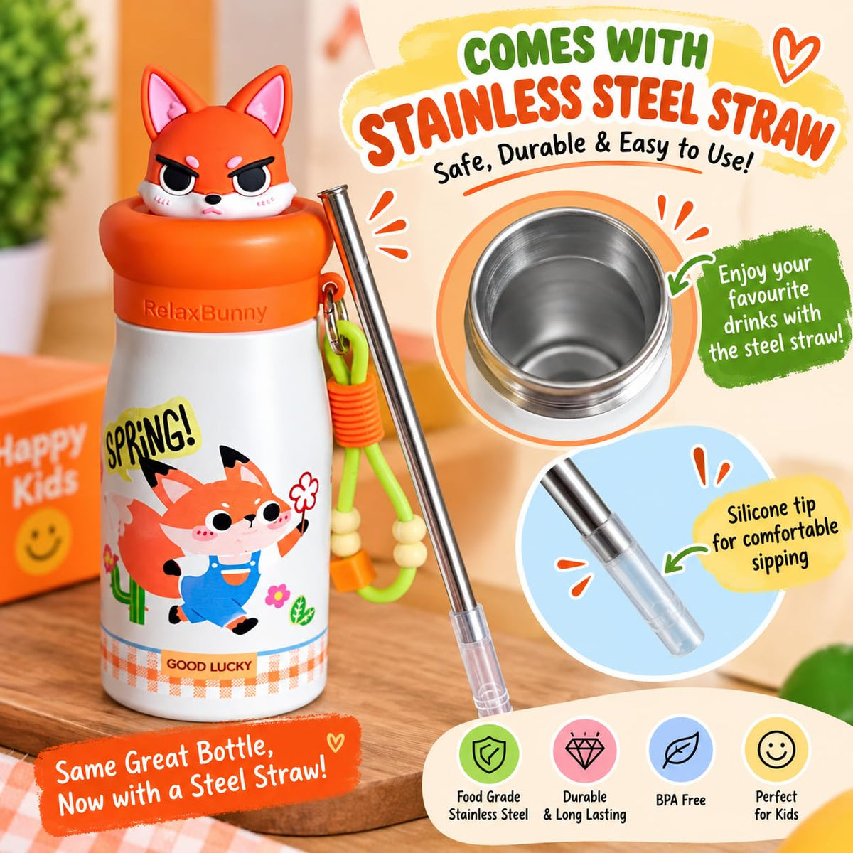 Fox Theme Animal Sipper Bottle  Stainless Steel Sipper Water Bottle with Straw  480 ml Leak proof Animal Sipper Bottle