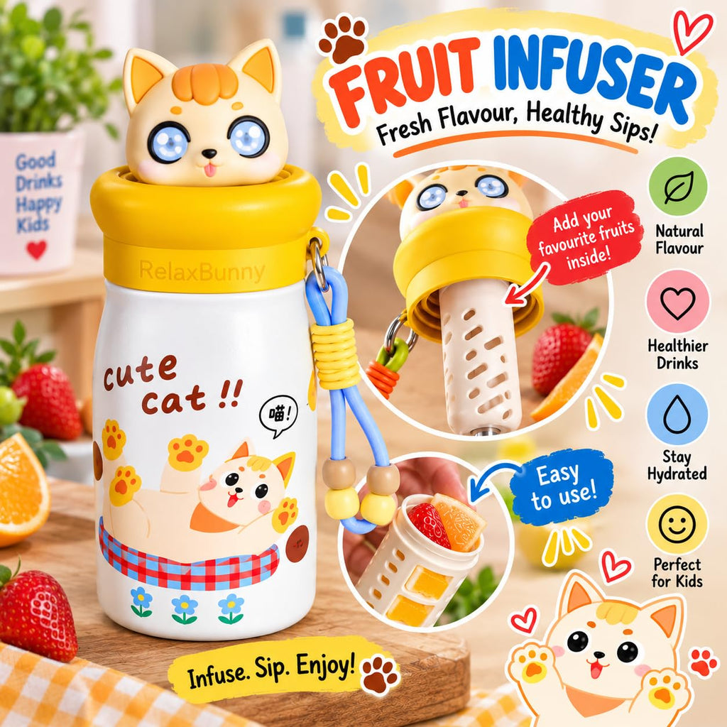 Cat Theme Animal Sipper Bottle  Stainless Steel Sipper Water Bottle with Straw  480 ml Leak proof Animal Sipper Bottle
