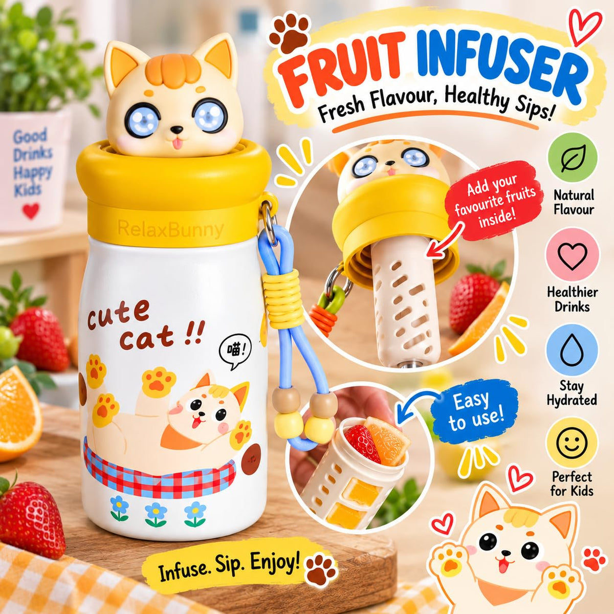Cat Theme Animal Sipper Bottle  Stainless Steel Sipper Water Bottle with Straw  480 ml Leak proof Animal Sipper Bottle