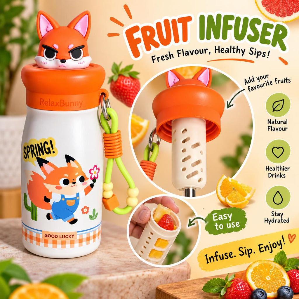 Fox Theme Animal Sipper Bottle  Stainless Steel Sipper Water Bottle with Straw  480 ml Leak proof Animal Sipper Bottle