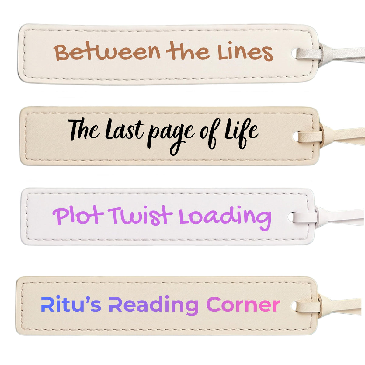 Custom Leatherette Bookmarks with Tassel (4 Pack, Light Aesthetic) – Personalized UV Printed Name & Quote Bookmarks for Book Lovers
