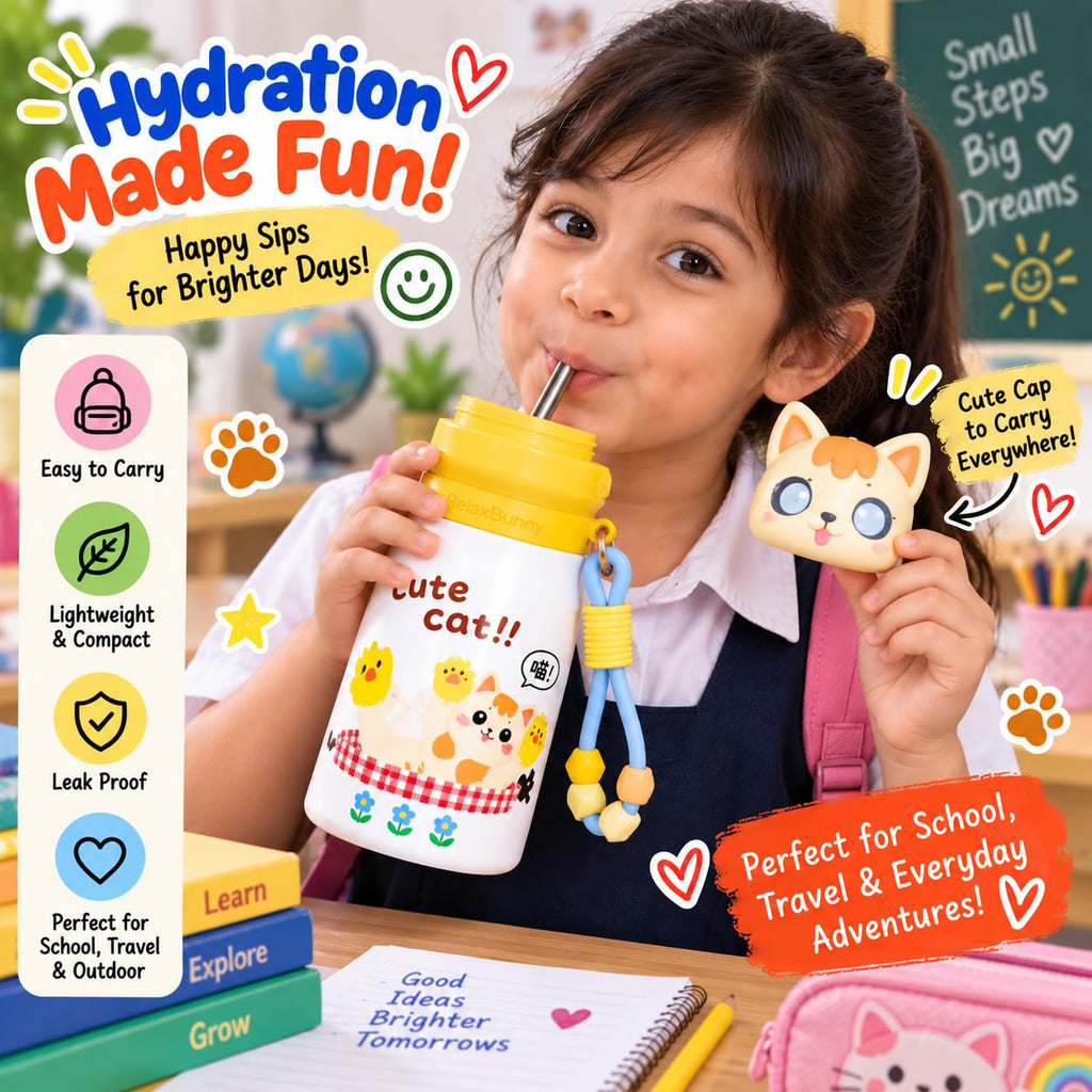 Cat Theme Animal Sipper Bottle  Stainless Steel Sipper Water Bottle with Straw  480 ml Leak proof Animal Sipper Bottle