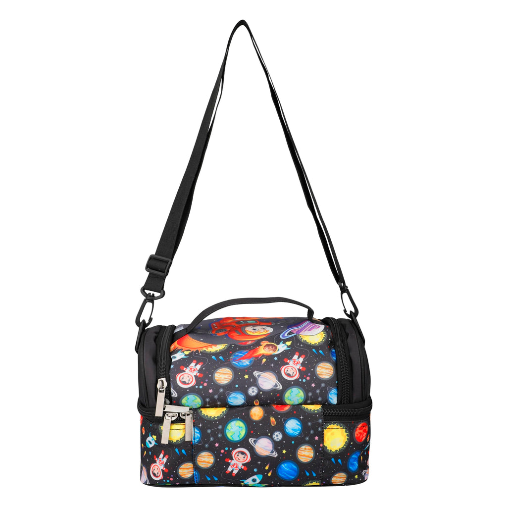 Ji and Ja® Multi Compartment Dual Slot Lunch Bag Double Insulated Tiffin Lunch Bag with Multi Zipper Pockets for School (Space Black)