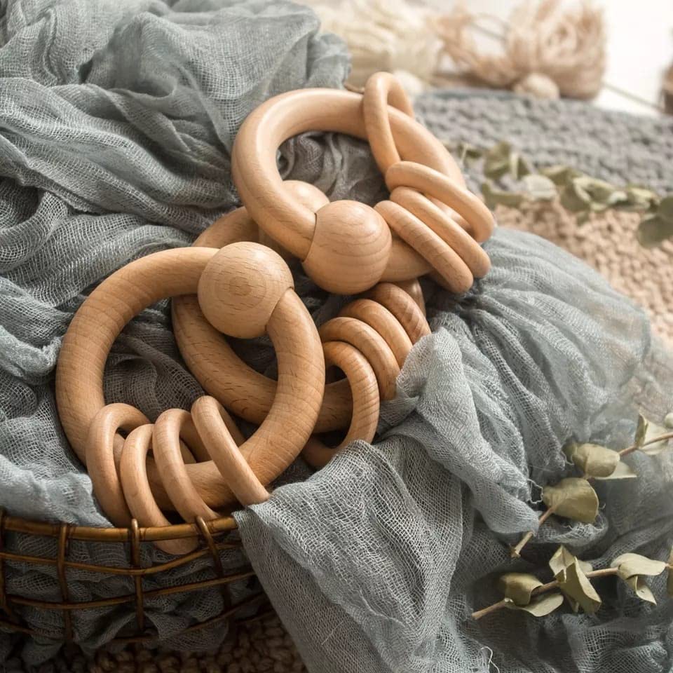 Round Ring Neem Base Wooden Rattle Cum Teether, 100% Natural Wood Wtih Antibacterial And Anti Fungal