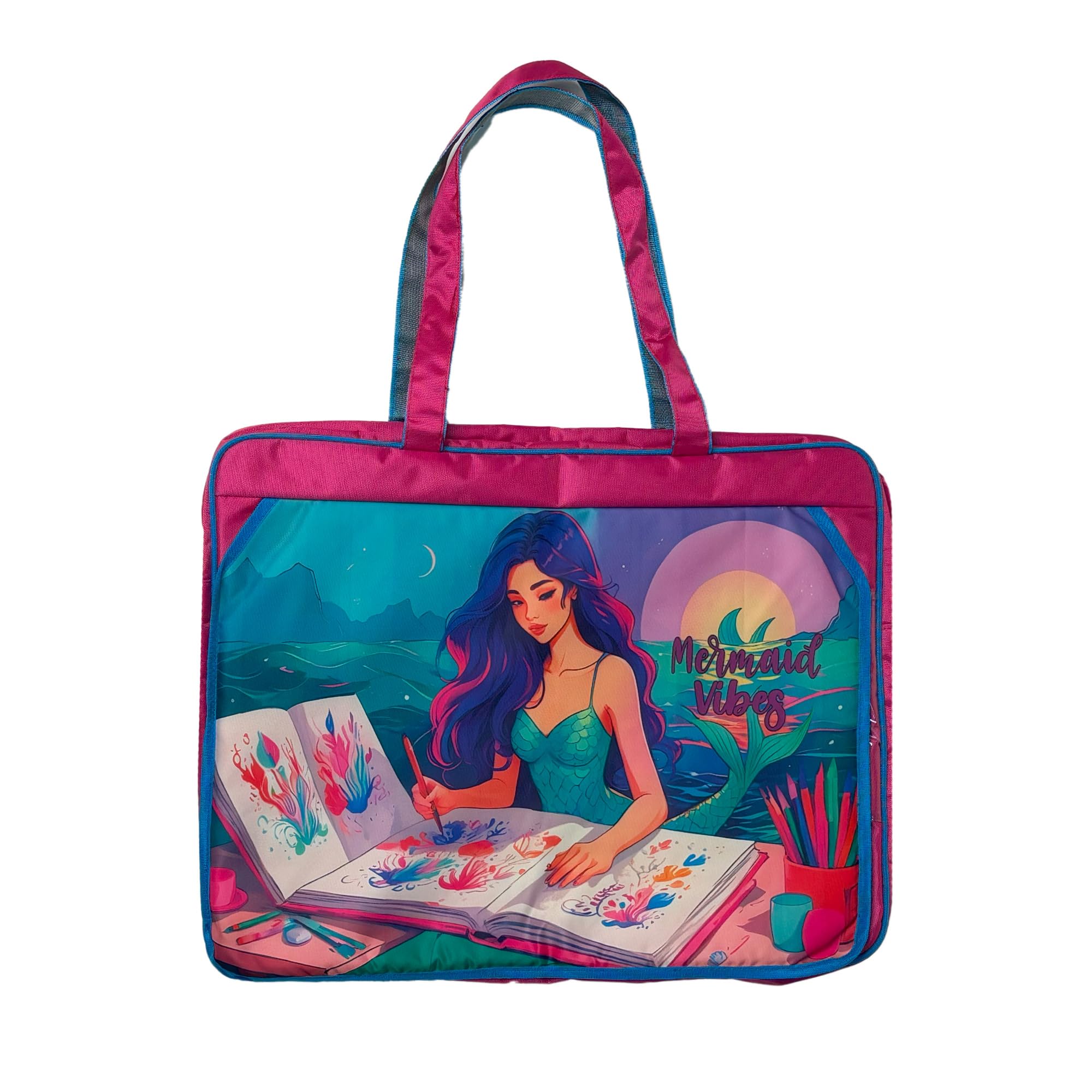Mermaid Vibes A3 Size Drawing Activity Tote Carrying Bags With Multiple Pockets, Made Fro Artist and Drawing Kids Multi Layer, Multicolor