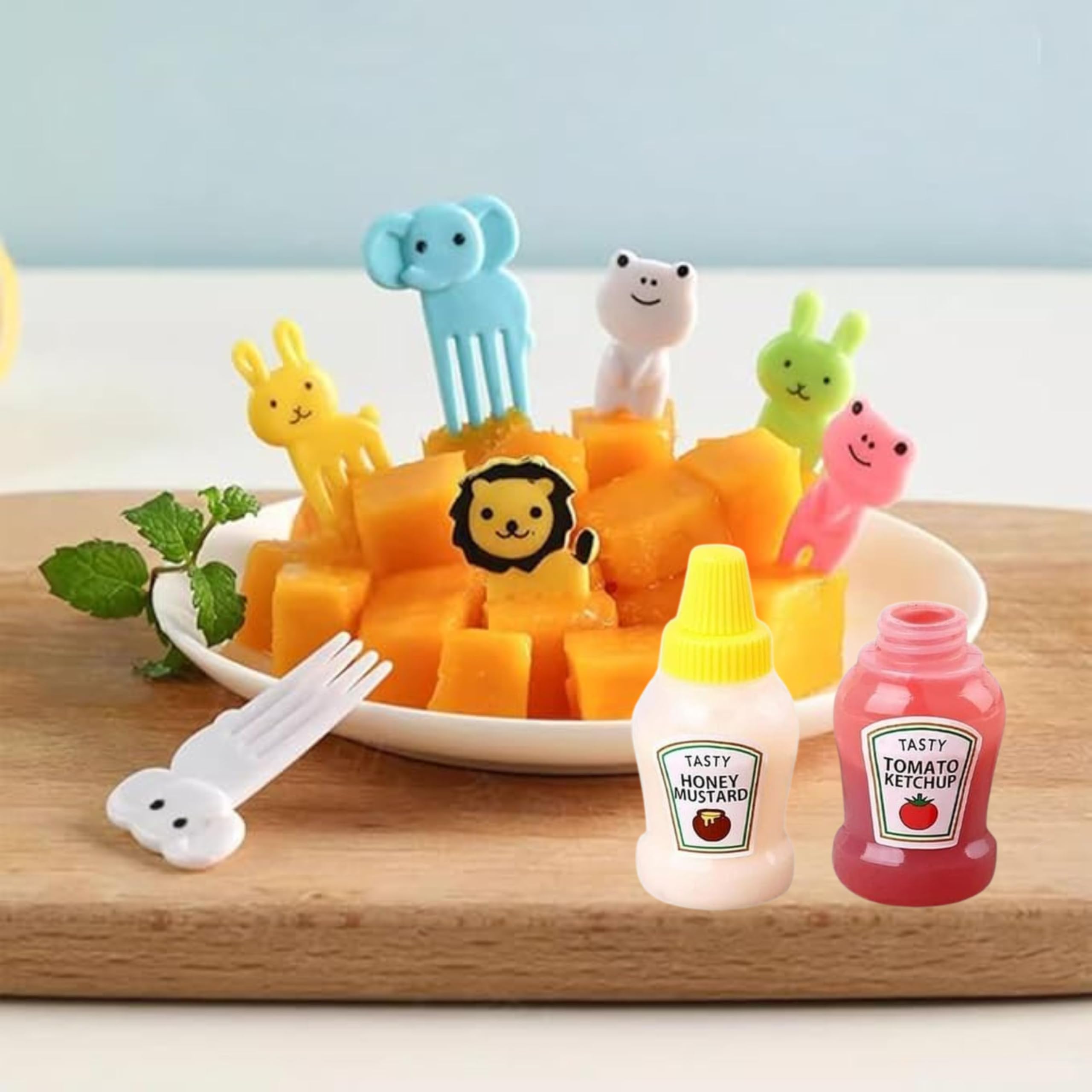 Refillable 2pc Sauce Ketchup Bottle For Kids School,Picnic With Mini Fruit Fork (MINI SAUCE BOTTLE FORK COMBO)
