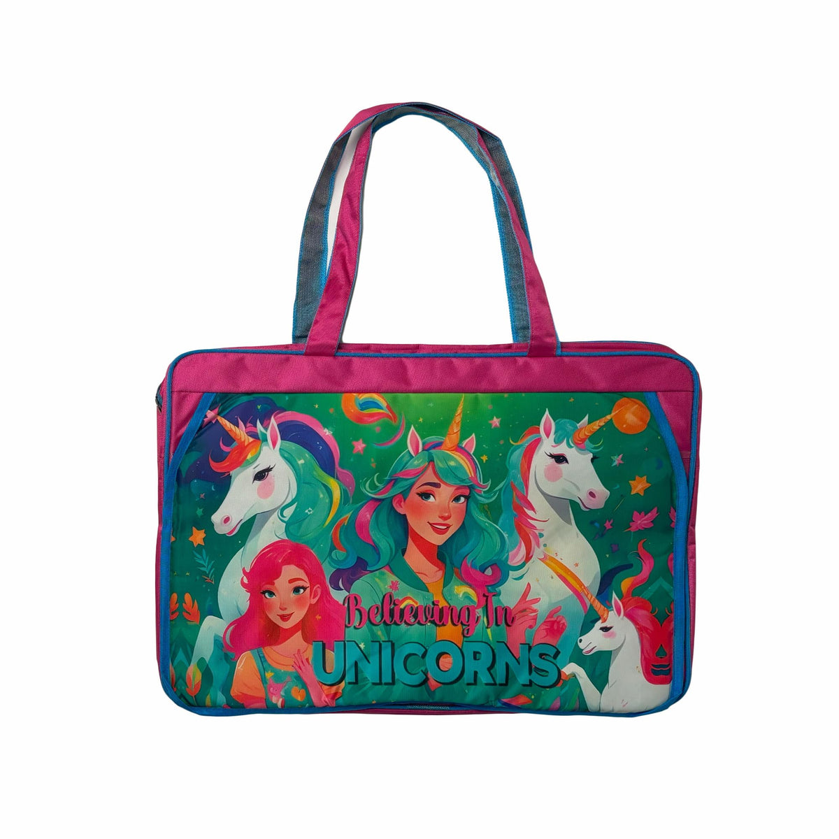 Polyester Blend A3 Size Drawing Activity Tote Carrying Bags With Multiple Pockets, Made Fro Artist and Drawing Kids Multi Layer (Twins Unicorn), Blue