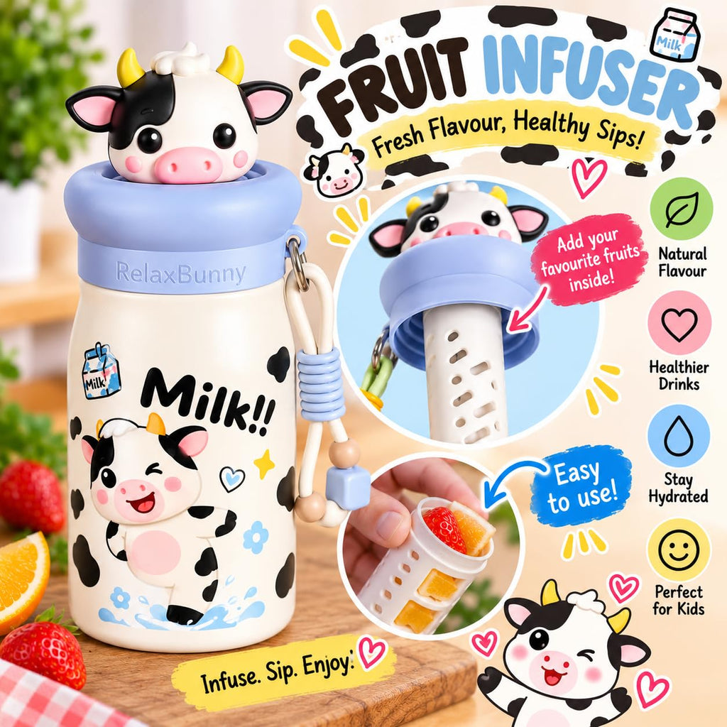 Cow Theme Animal Sipper Bottle  Stainless Steel Sipper Water Bottle with Straw  480 ml Leak proof Animal Sipper Bottle