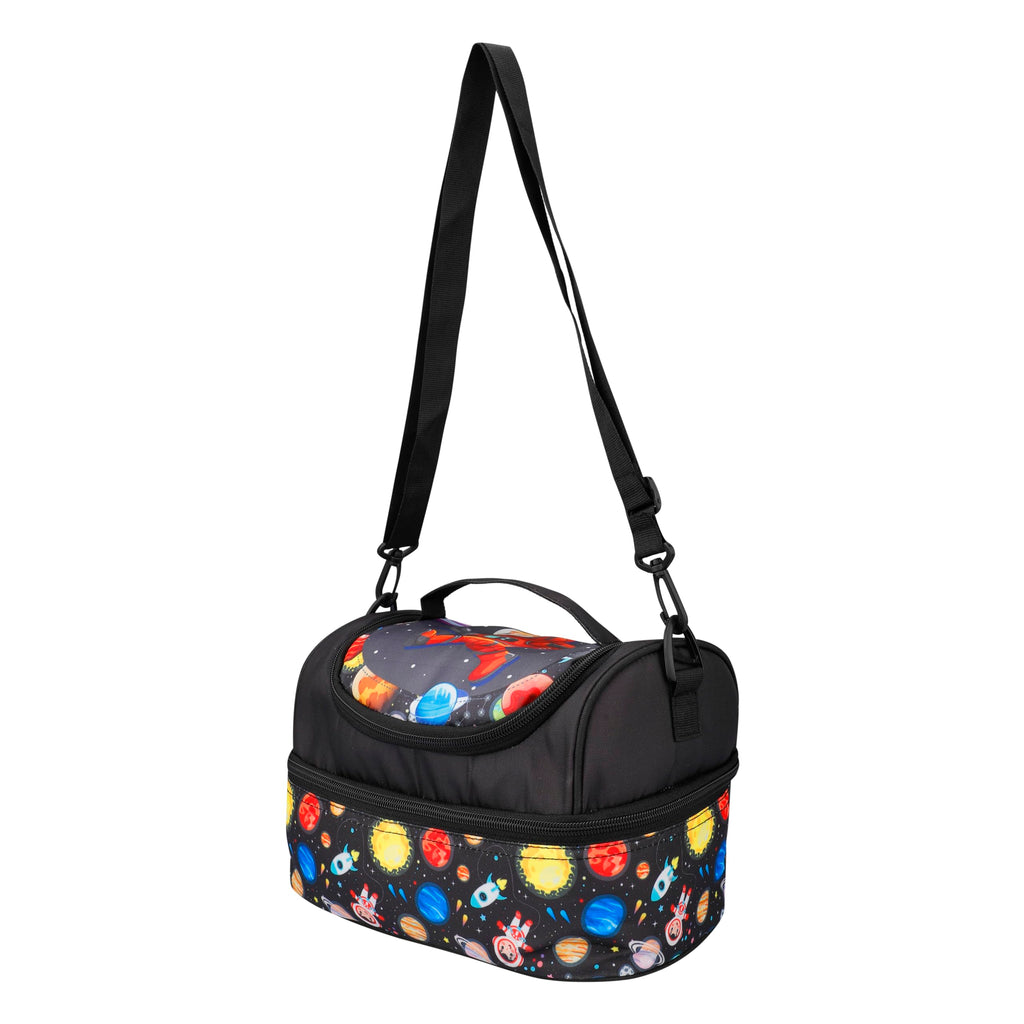 Ji and Ja® Multi Compartment Dual Slot Lunch Bag Double Insulated Tiffin Lunch Bag with Multi Zipper Pockets for School (Space Black)