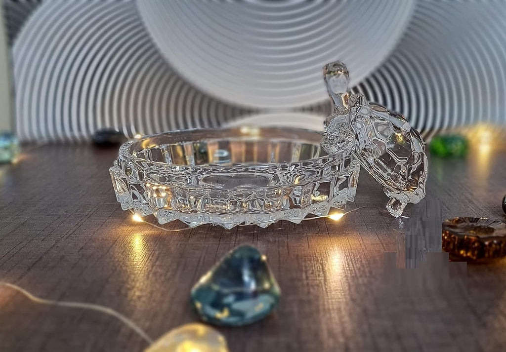 Vastu Feng Shui Crystal Turtle on Glass Plate – Clear Crystal Tortoise for Good Luck, Prosperity & Home Harmony