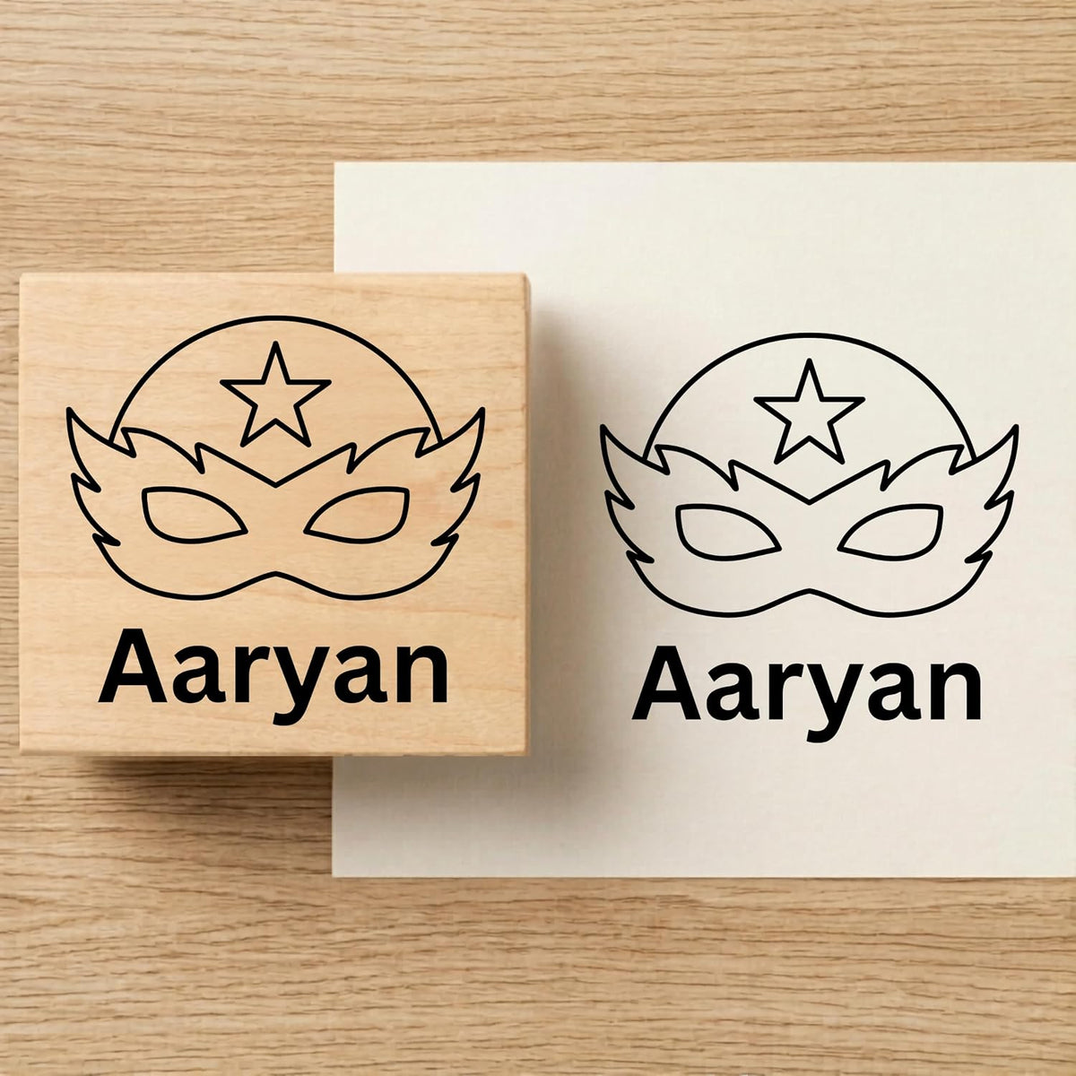 Personalised Caption Mask Wooden Book Stamp – 3.5 cm