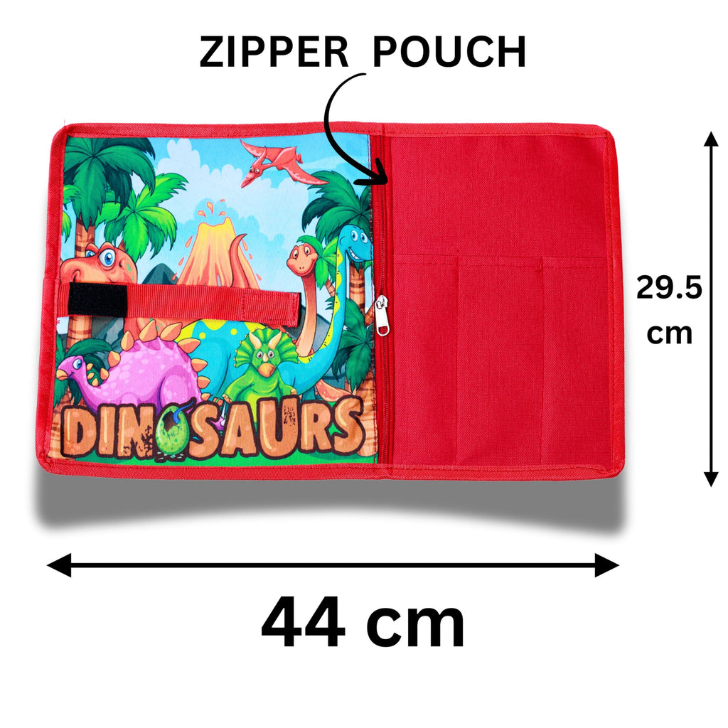 Dinosaur Printed Roll-Up Placemat for Kids – Rollable Nylon Dinner Mat with Cutlery Pockets
