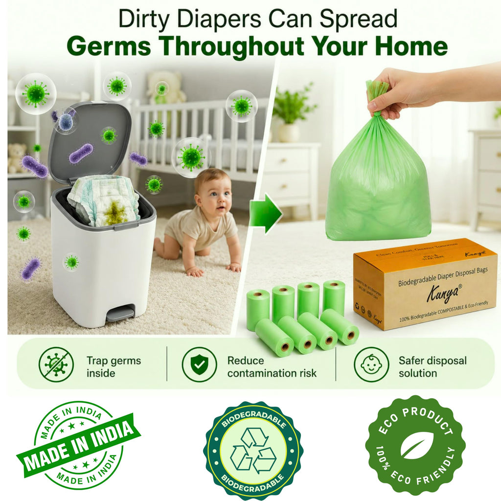 Kunya ® Baby Diaper Disposal Bags – 90 Bags (6 Refill Rolls x 15) | Biodegradable, Leak Proof & Odour Sealing Disposable Nappy Garbage Bags | For Home, Travel, Diaper Pail | Made in India