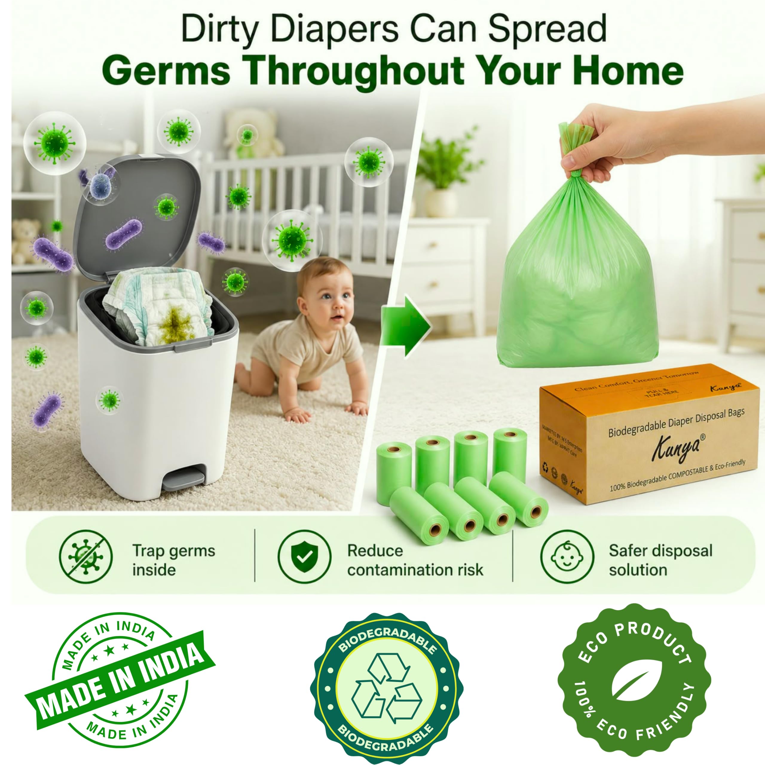 Kunya ® Baby Diaper Disposal Bags – 90 Bags (6 Refill Rolls x 15) | Biodegradable, Leak Proof & Odour Sealing Disposable Nappy Garbage Bags | For Home, Travel, Diaper Pail | Made in India