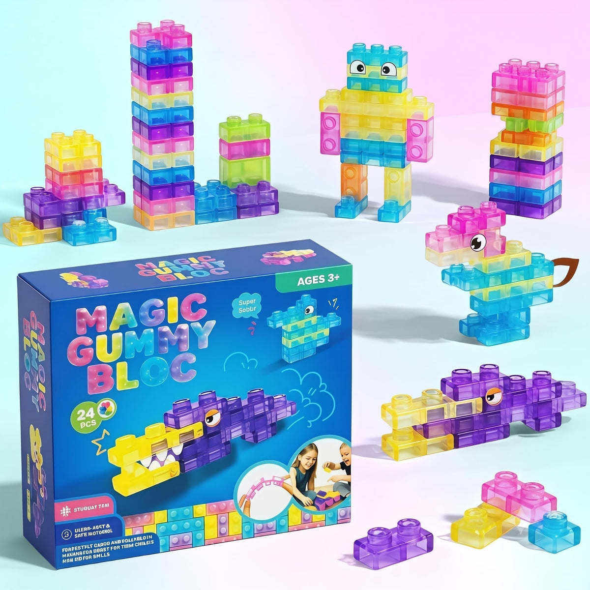 Sensory Soft Magic Gummy Building Blocks Squishy Stacking Toy Set 24 PCS- Age 3+ Squeezable Stretchable Montessori Learning Creative Play Puzzle Blocks for Toddlers & Kids