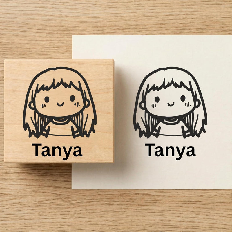 Personalised Long Hair Girl Wooden Book Stamp – 3.5 cm