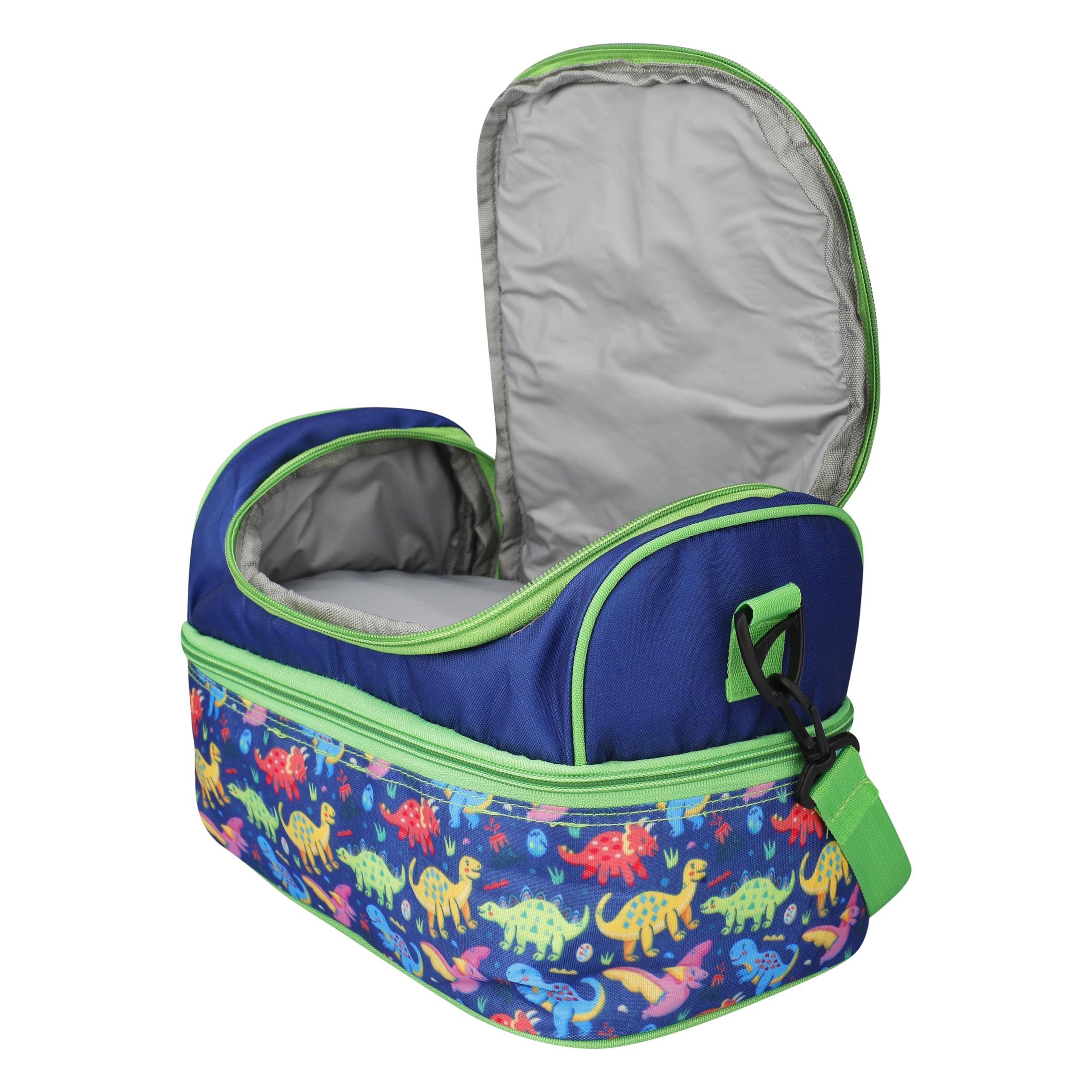 Double Insulated Tiffin Lunch Bag with Multi Zipper Pockets for School (Dinosaur Multi)