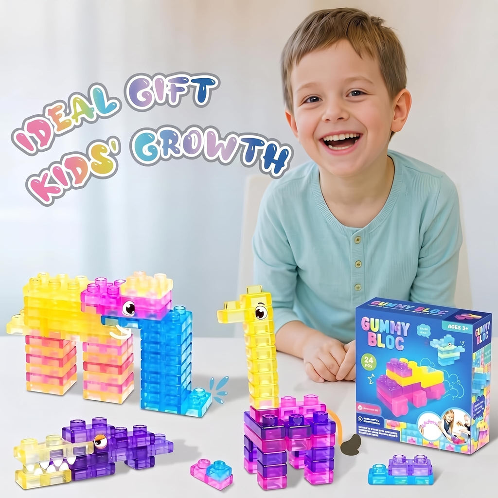 Sensory Soft Magic Gummy Building Blocks Squishy Stacking Toy Set 24 PCS- Age 3+ Squeezable Stretchable Montessori Learning Creative Play Puzzle Blocks for Toddlers & Kids