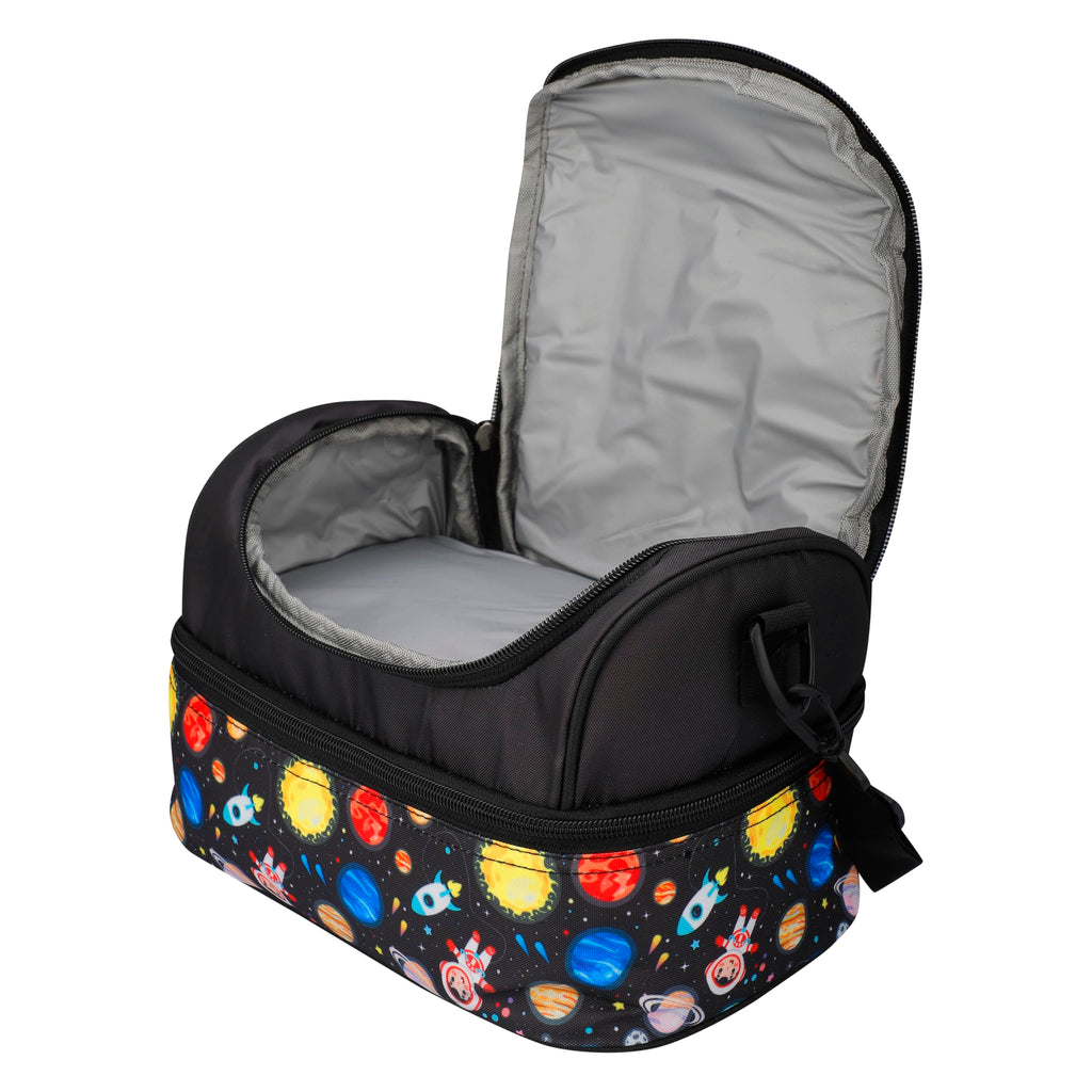 Ji and Ja® Multi Compartment Dual Slot Lunch Bag Double Insulated Tiffin Lunch Bag with Multi Zipper Pockets for School (Space Black)