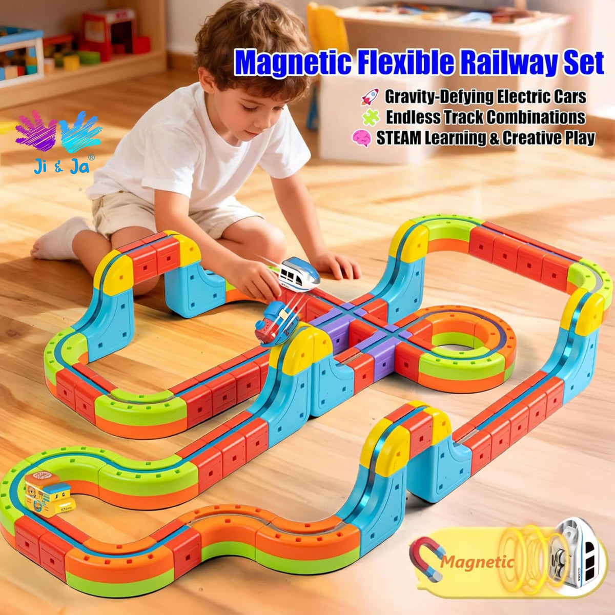 Ji and Ja Cube Track Train Set, 3D Infinity Track with Flexible Tracks for Kids, Cube Trackss Train- DIY Railroad Block Toys, Anti Gravity Race Tracksss with Car, STEM Educational Building Toy