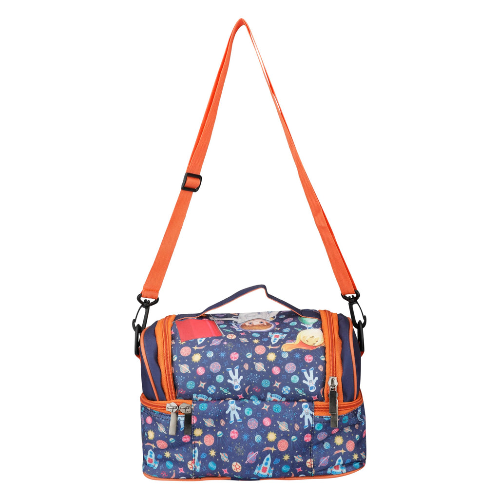 Ji and Ja® Multi Compartment Dual Slot Lunch Bag Double Insulated Tiffin Lunch Bag with Multi Zipper Pockets for School (Space Blue)