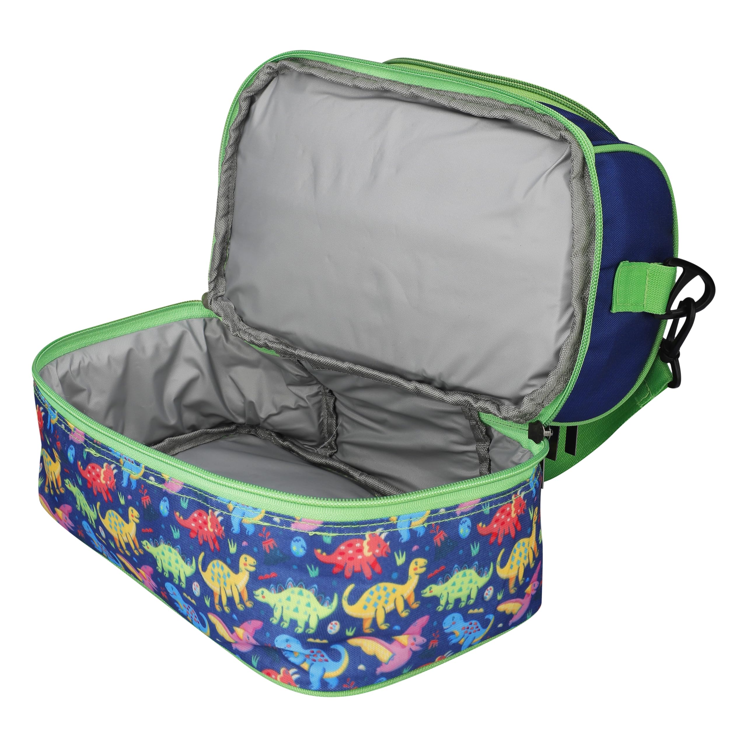 Double Insulated Tiffin Lunch Bag with Multi Zipper Pockets for School (Dinosaur Multi)