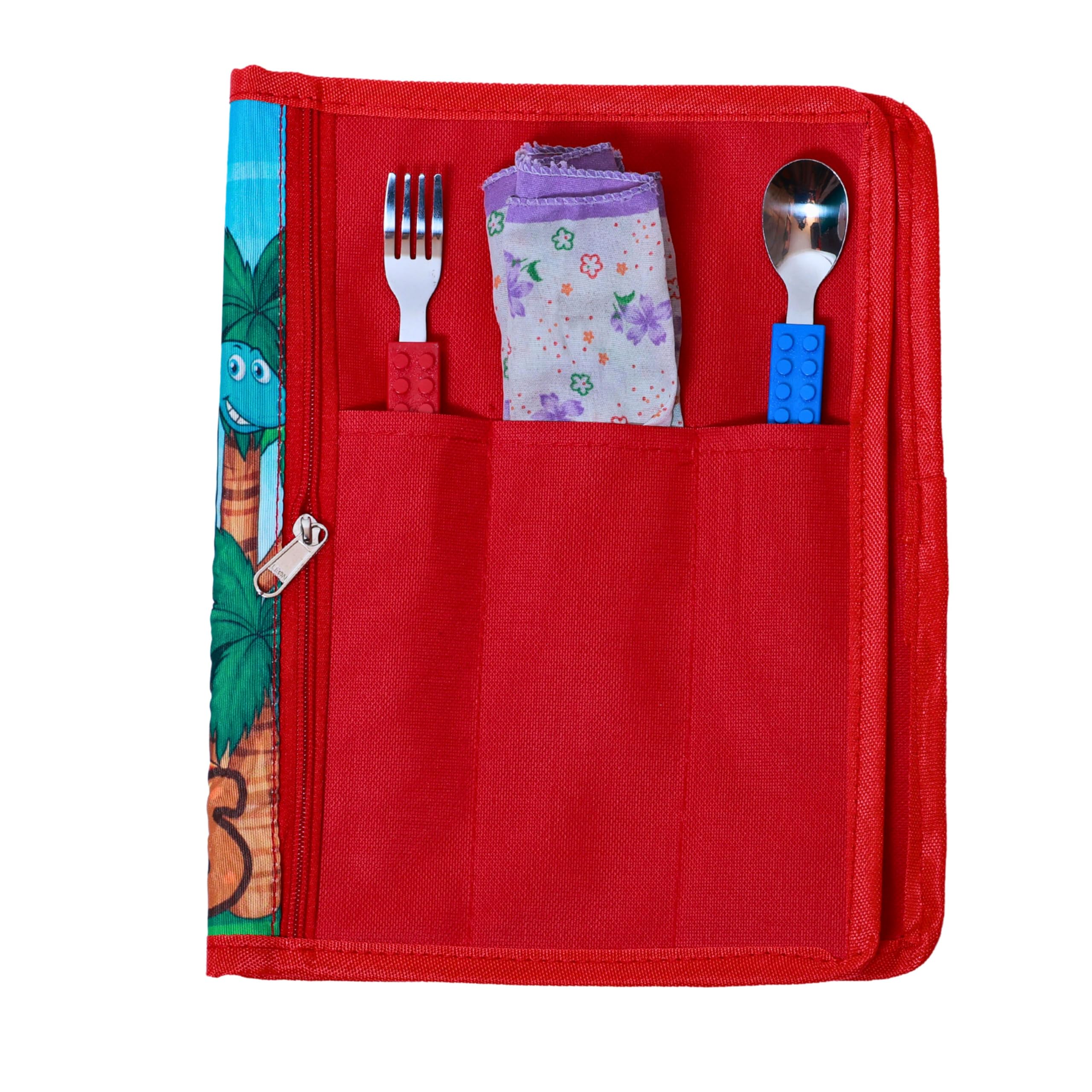 Dinosaur Printed Roll-Up Placemat for Kids – Rollable Nylon Dinner Mat with Cutlery Pockets